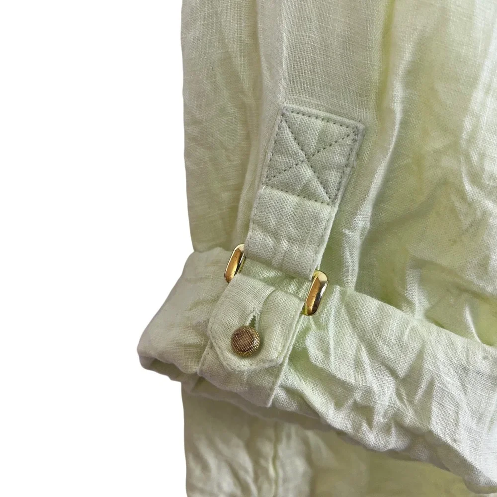 Chicos XL 100% Linen Button Down Shirt Pale Yellow Roll Tab Sleeve (P716)‎